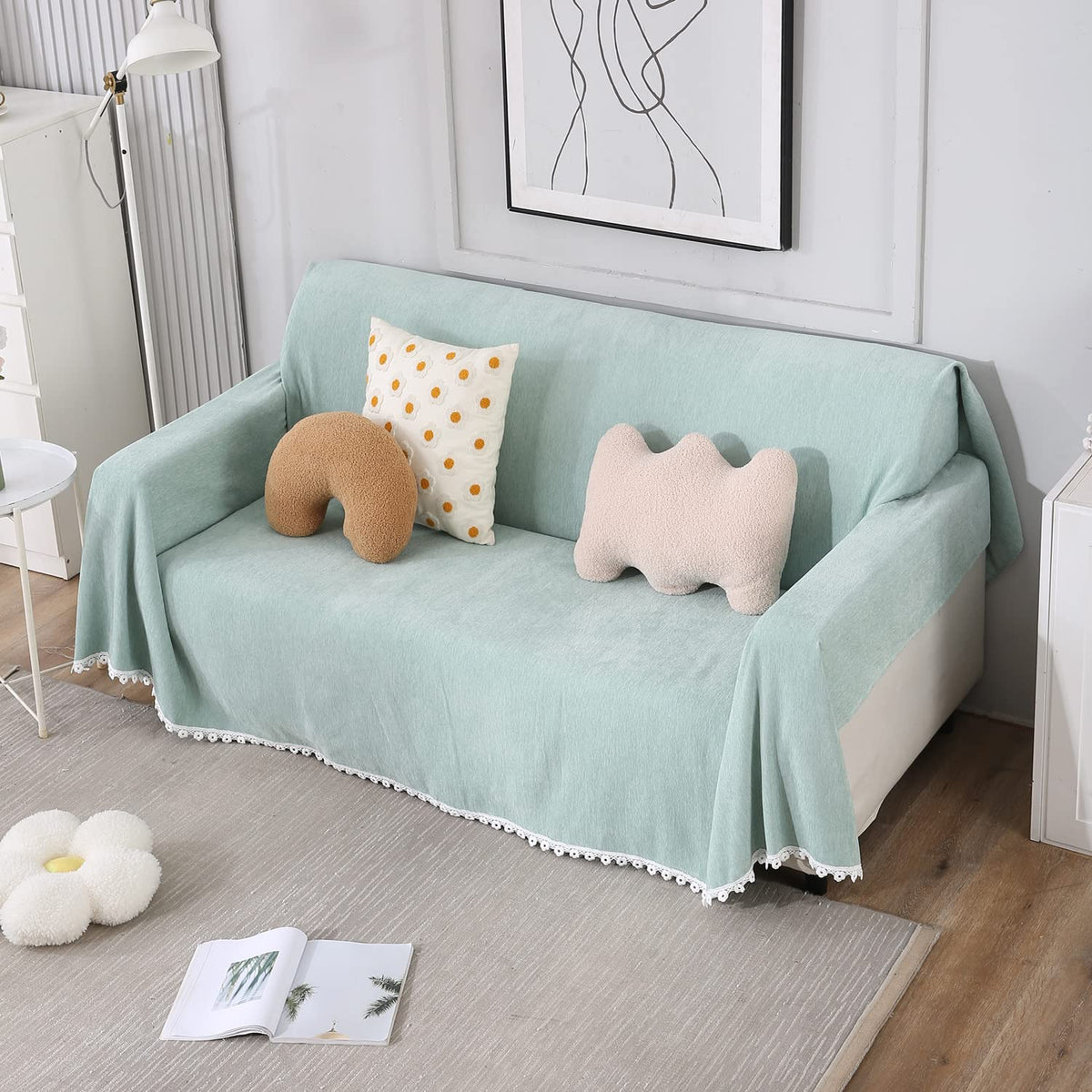 Mint colour chenille sofa throw in size 180(D)x180(L) for one seater, 180(D)x230(L) for two seater, 180(D)x300(L) for 3 seater
