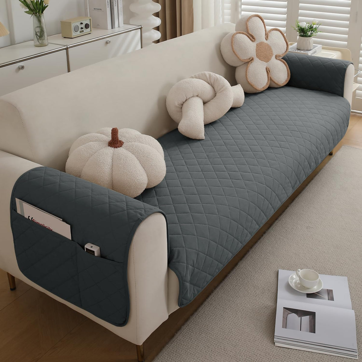 Quilted Waterproof Sofa Seat Mat for 1/2/3 Seater Sofa with 2 Armrest Covers with Pockets, Grey