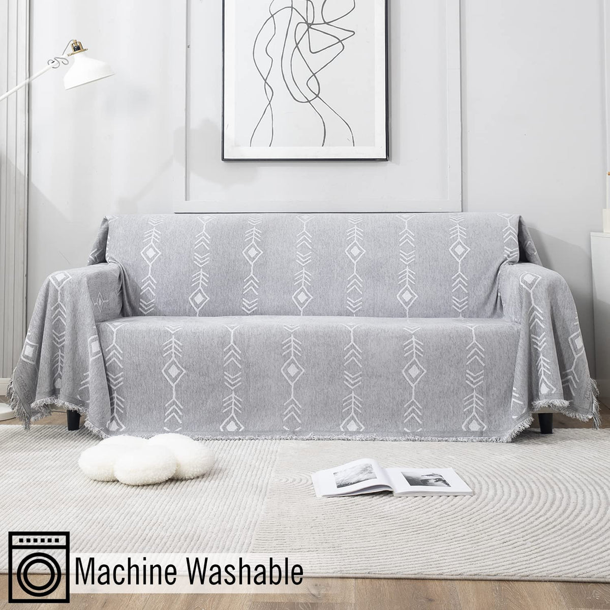 Thick, Soft and Pet Friendly Chenille Sofa Cover Throw, Grey Aztec