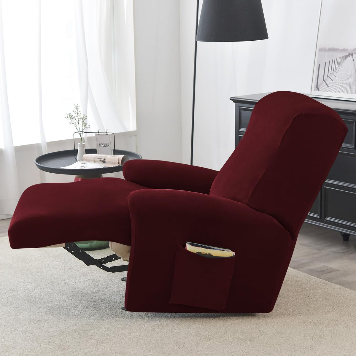 burgandy fully covered velvet recliner chair cover
