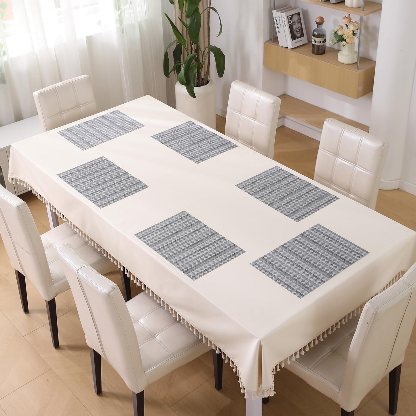 HOKIPO PVC Dining Table Mats and Runner Set of 4/6, Cool Grey Rhombus
