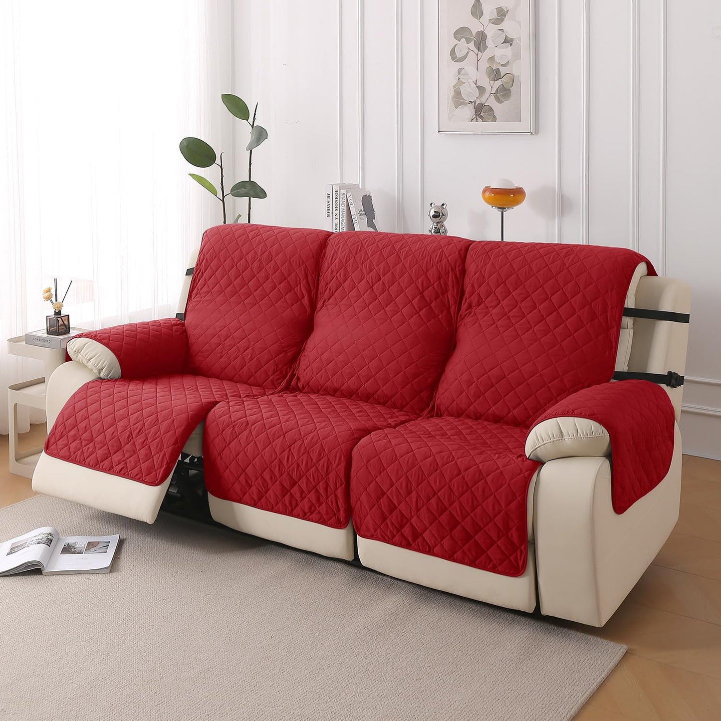 UrbanQuilt Recliner Sofa Slipcover Mat with Dual Belt for 1/2/3 Seater - Scarlet Red