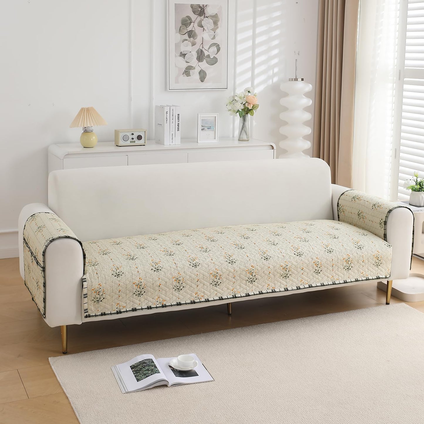 Quilted Sofa Seat Mat for 1/2/3 Seater with 2 Armrest Covers with Pockets, Light Green Ash Gypsy Flower