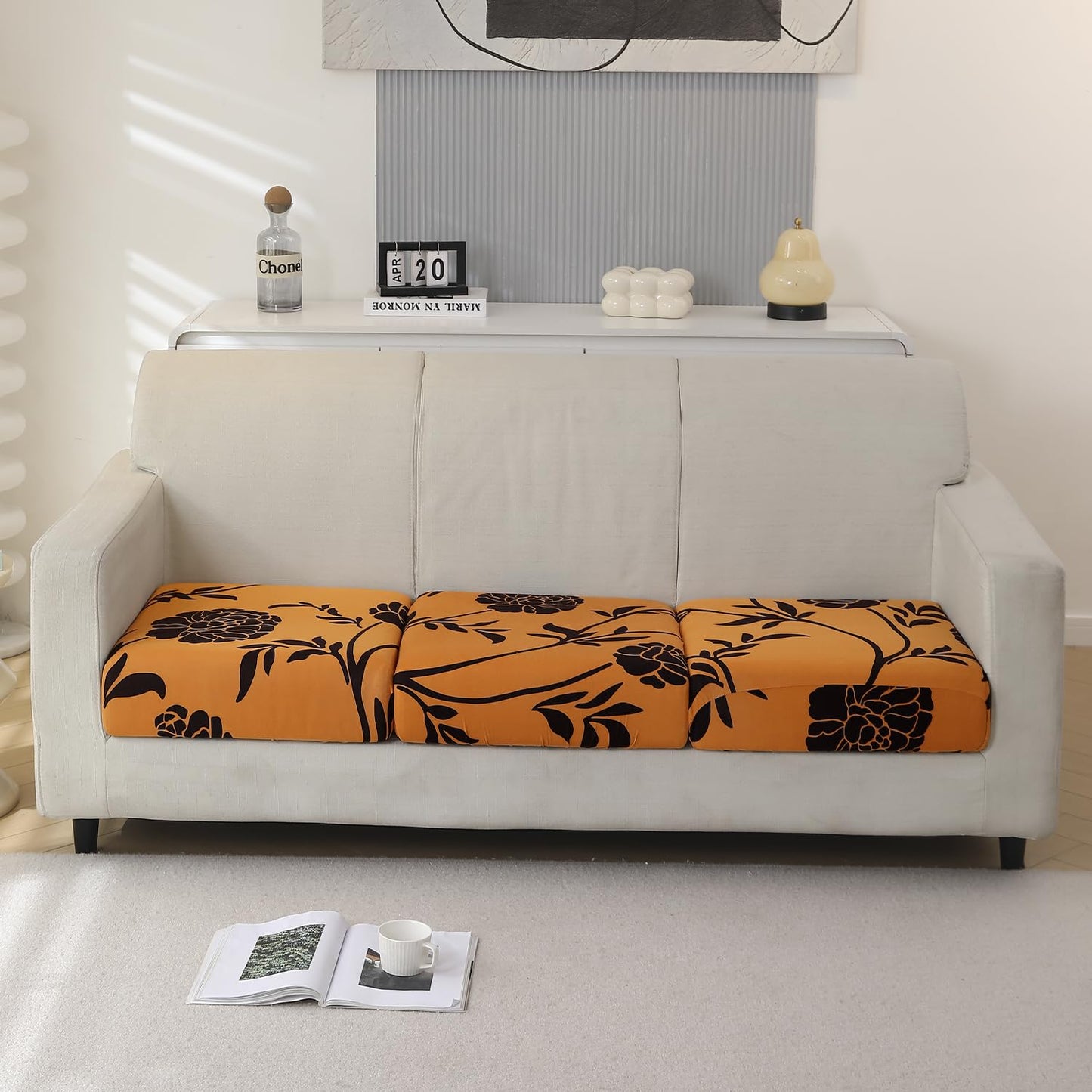 Stretchable 140gsm Printed Seat Couch Cushion Cover for 1/2/3 Seaters / Pieces for Sofa, Copper Brown Floral
