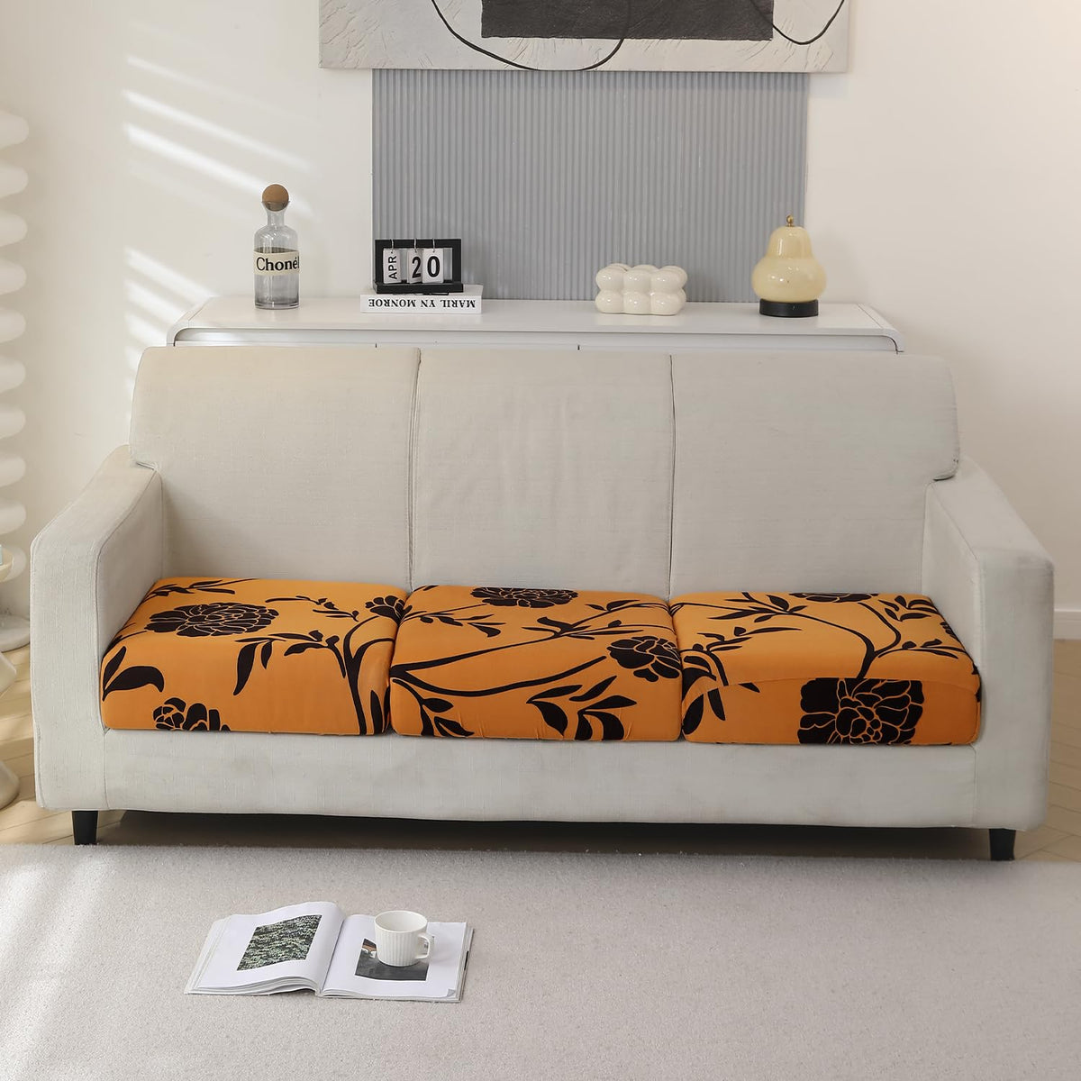 Stretchable 140gsm Printed Seat Couch Cushion Cover for 1/2/3 Seaters / Pieces for Sofa, Copper Brown Floral