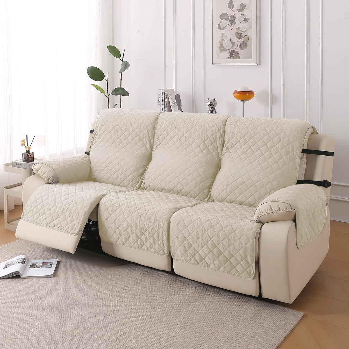 UrbanQuilt Recliner Sofa Slipcover Mat with Dual Belt for 1/2/3 Seater - Cream