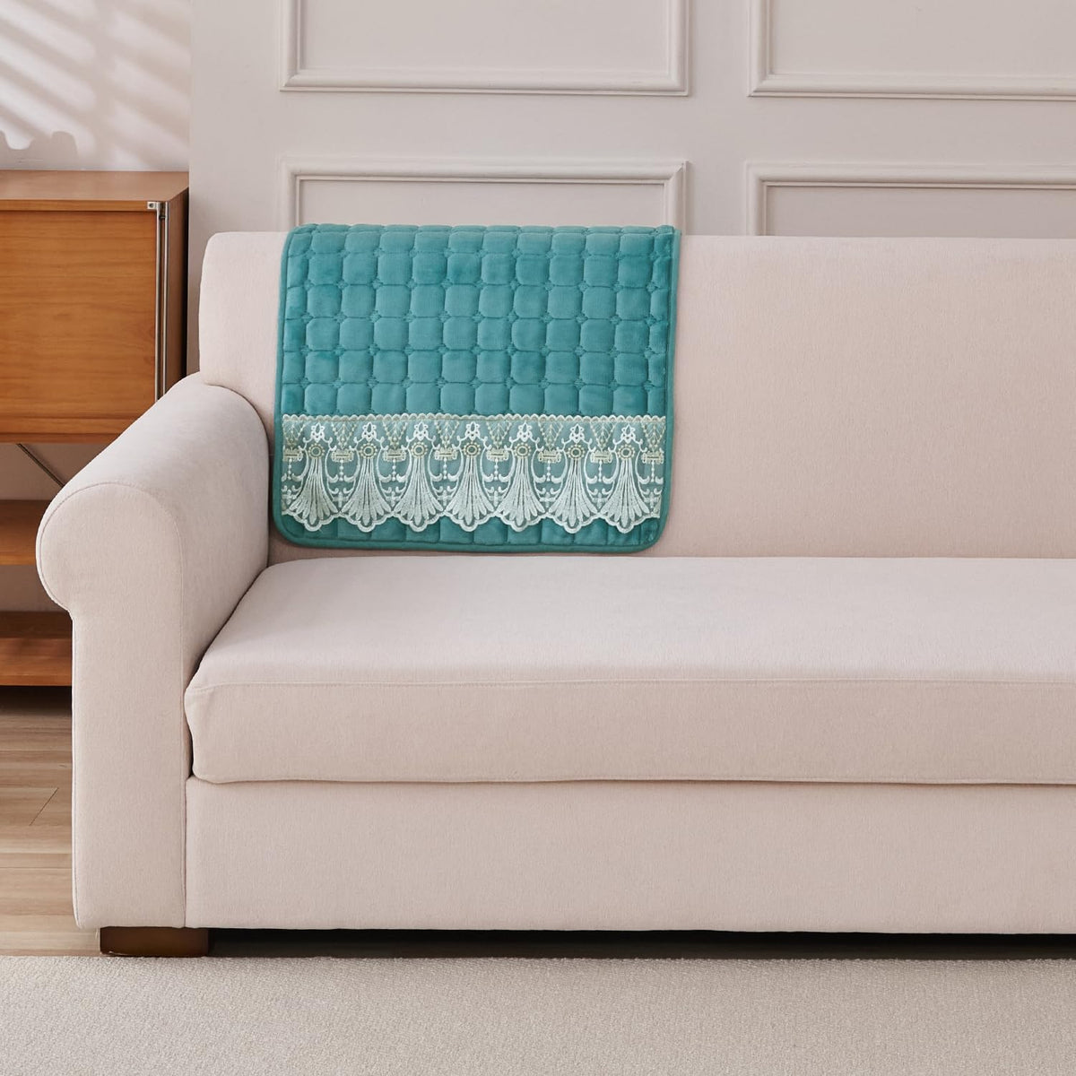 BelleLace Series Imperial Milk Velvet Sofa Cover Mat with Lace Design - Teal