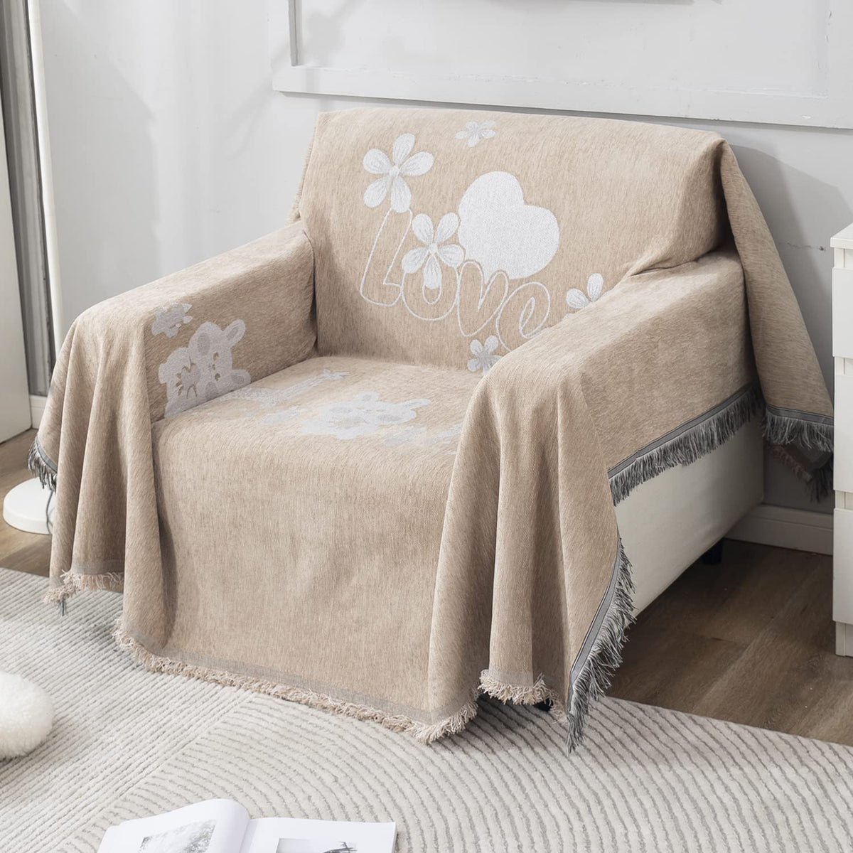 Beige Nature, Soft and Pet Friendly Chenille Sofa Cover Throw