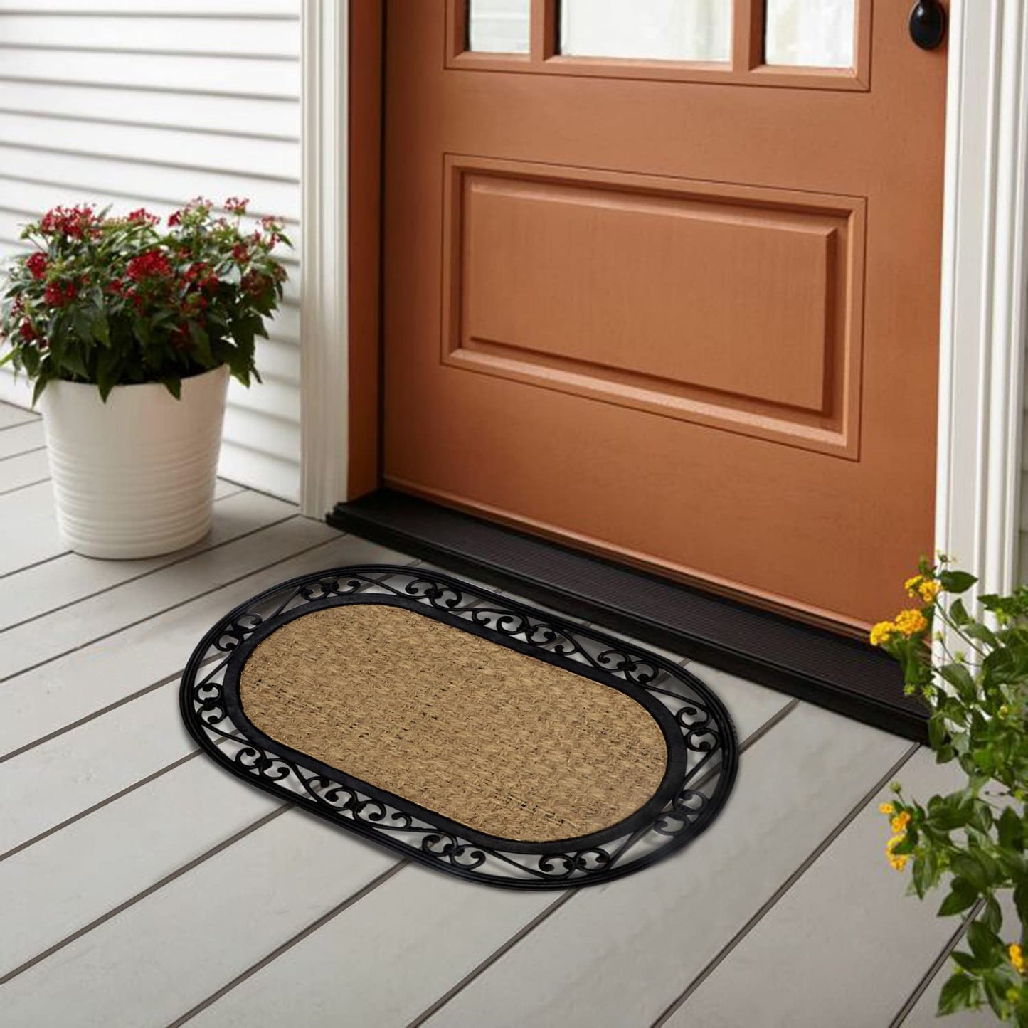 Natural Rubber Coir Doormat with Designer Border, Anti-Slip Rubber Backing, 45x75 cm