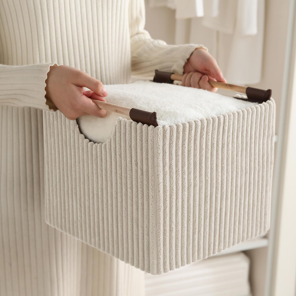 Premium Foldable Storage Bin with Wooden Handles | Corduroy Fabric Organizer Box for Wardrobe, Books, Clothes & Misc Items, Cream