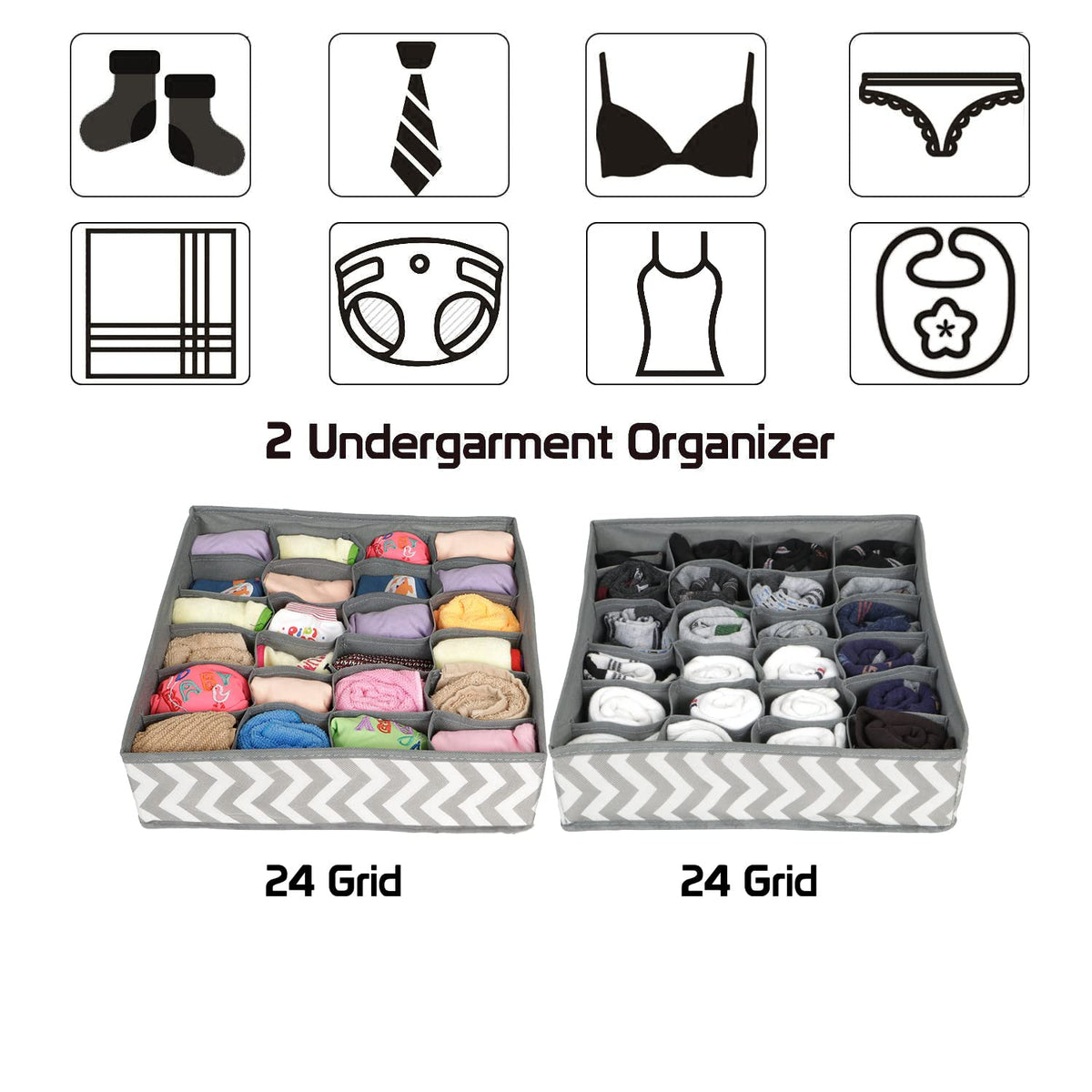 Undergarment Organizer Storage Box For Drawers Bra Panty Socks Tie Lingerie Wardrobe, 24 Grid*2 (Non-Woven Fabric, Drawer Organizers, Grey)