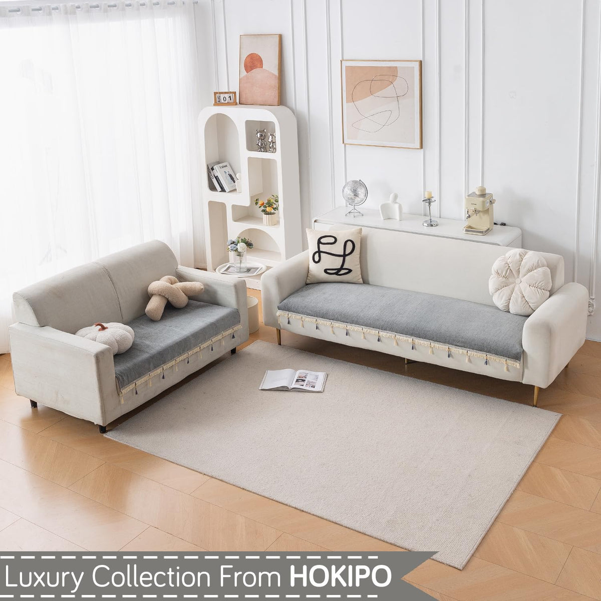 Serenity Tassel Chenille Sofa Cover with Tassel – Glacier Silver