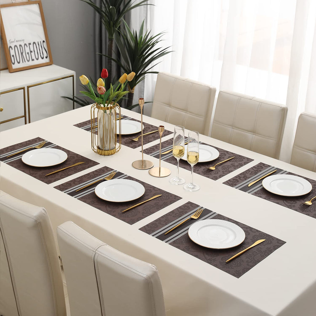 PVC Dining Table Mats, Damask Brown