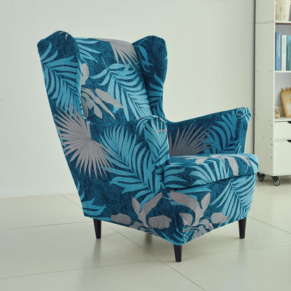 Stretchable 140 GSM Wing Chair Cover, Sea Blue Tropical Leaves