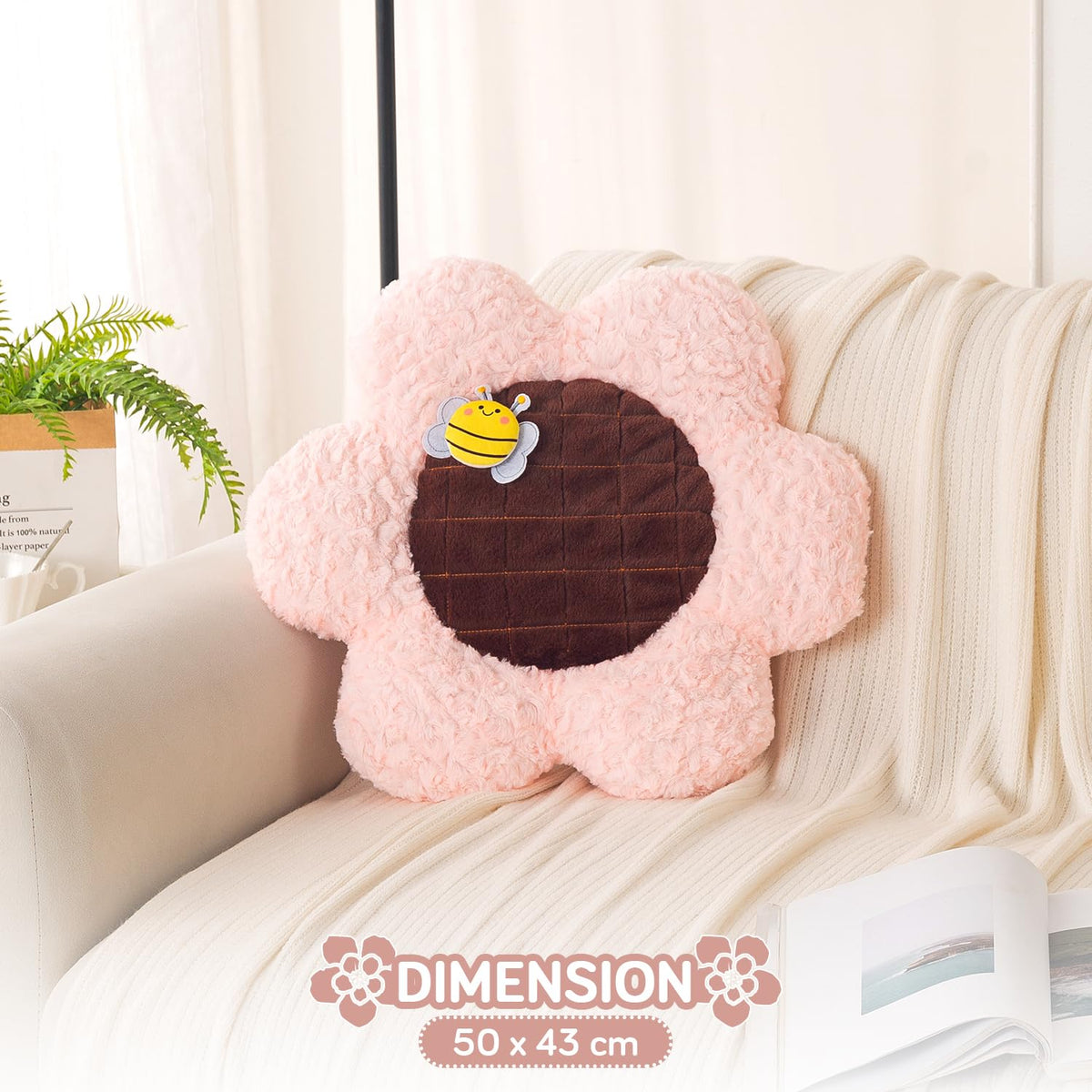 HOKIPO Sunflower Bee Cushion for Sofa & Bed, 50 cm, Pink