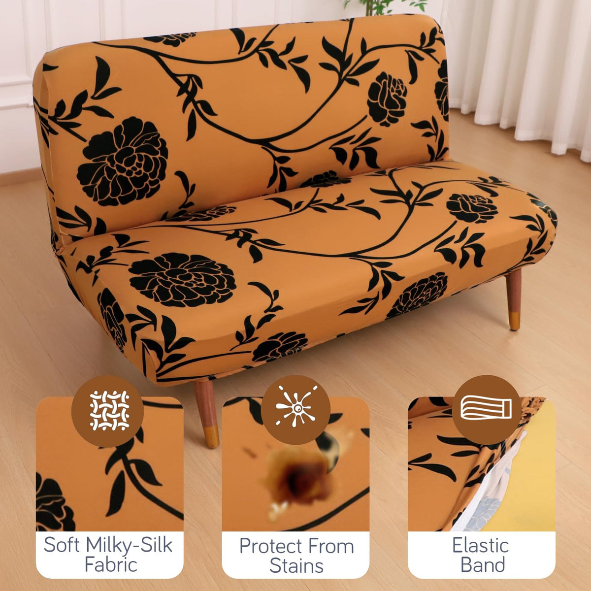 Buy Copper Brown Floral Printed sofa cum bed cover with soft milky-silk fabric, stain protection & secure elastic band fit | HOKIPO