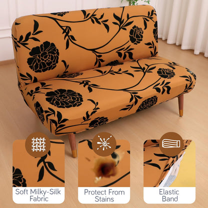 Elira Series Stretchable Elastic Armless Sofa Cover – 140 GSM, Futon Slipcover, Easy Fit, Copper Brown Floral