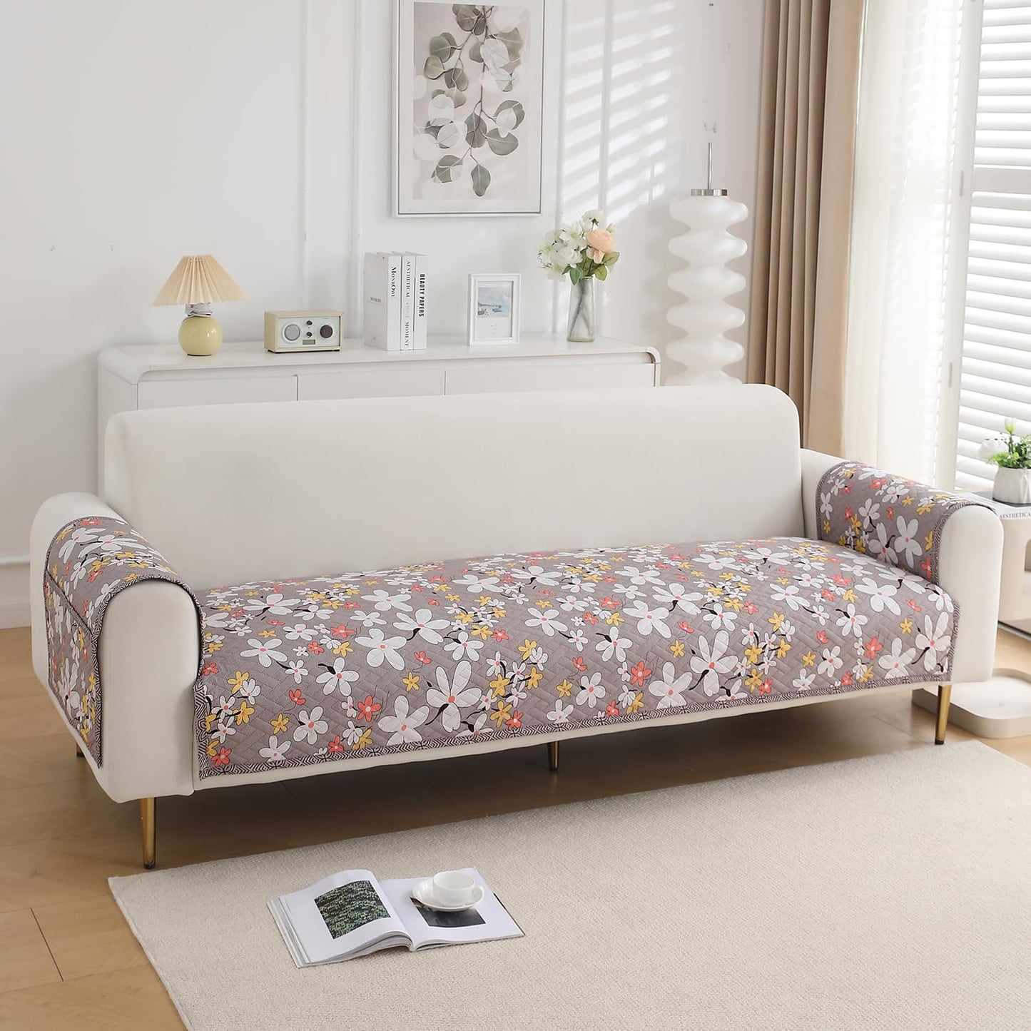 HOKIPO Quilted Sofa Seat Mat for 1/2/3 Seater with 2 Armrest Covers with Pockets, Pastel Brown Sandwort Flower