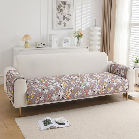 Quilted Sofa Seat Mat for 1/2/3 Seater with 2 Armrest Covers with Pockets, Pastel Brown Sandwort Flower