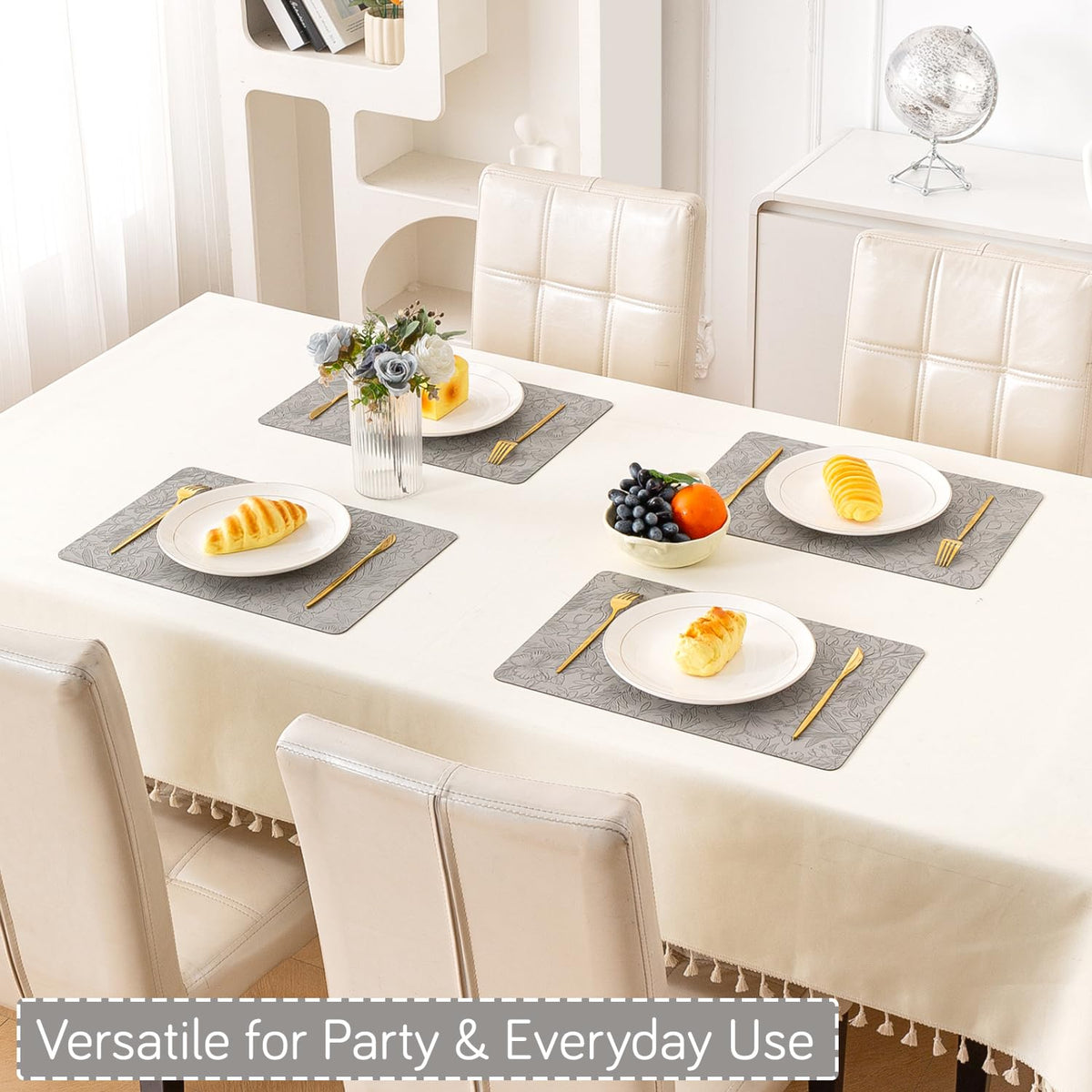 Hibiscus Bloom Washable Leather Mats for Dining Table - Stone Grey