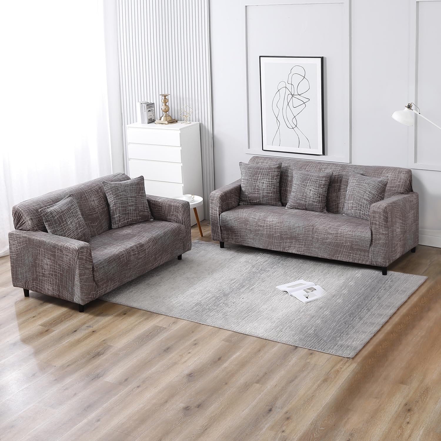Abstract Lines Brown elastic sofa cover 3 2 seater​ sofas