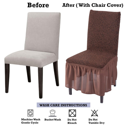 Elastic Stretchable Designer Woven Jacquard Dining Chair Cover with Frill, Pecan Brown