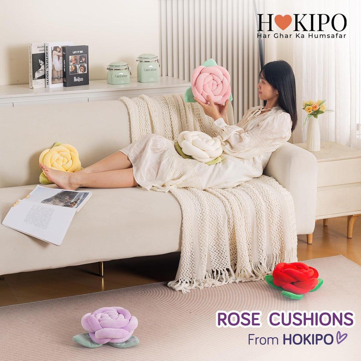 HOKIPO Rose Flower Shaped Cushion for Sofa & Bed, 22 cm, Red