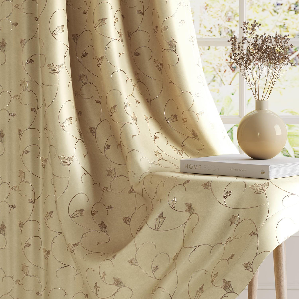HOKIPO Golden Vine Eyelet Curtains, 7 Feet Long - Almond Beige