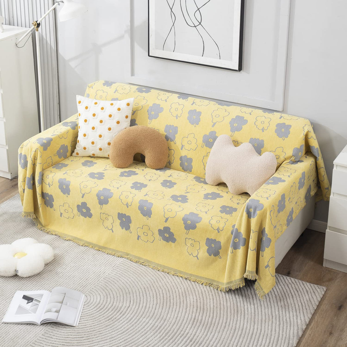 Thick, Soft and Pet Friendly Chenille Sofa Cover Throw, Yellow Floral