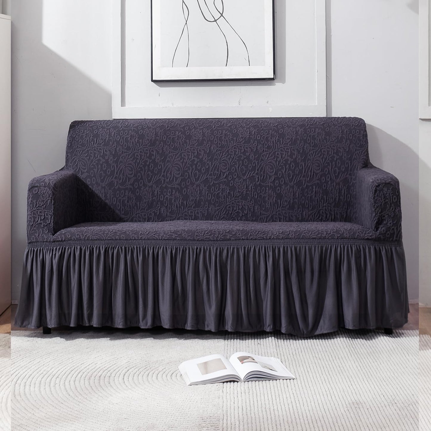 Elastic Stretchable Designer Woven Jacquard Sofa Cover with Frill, Abbey Grey