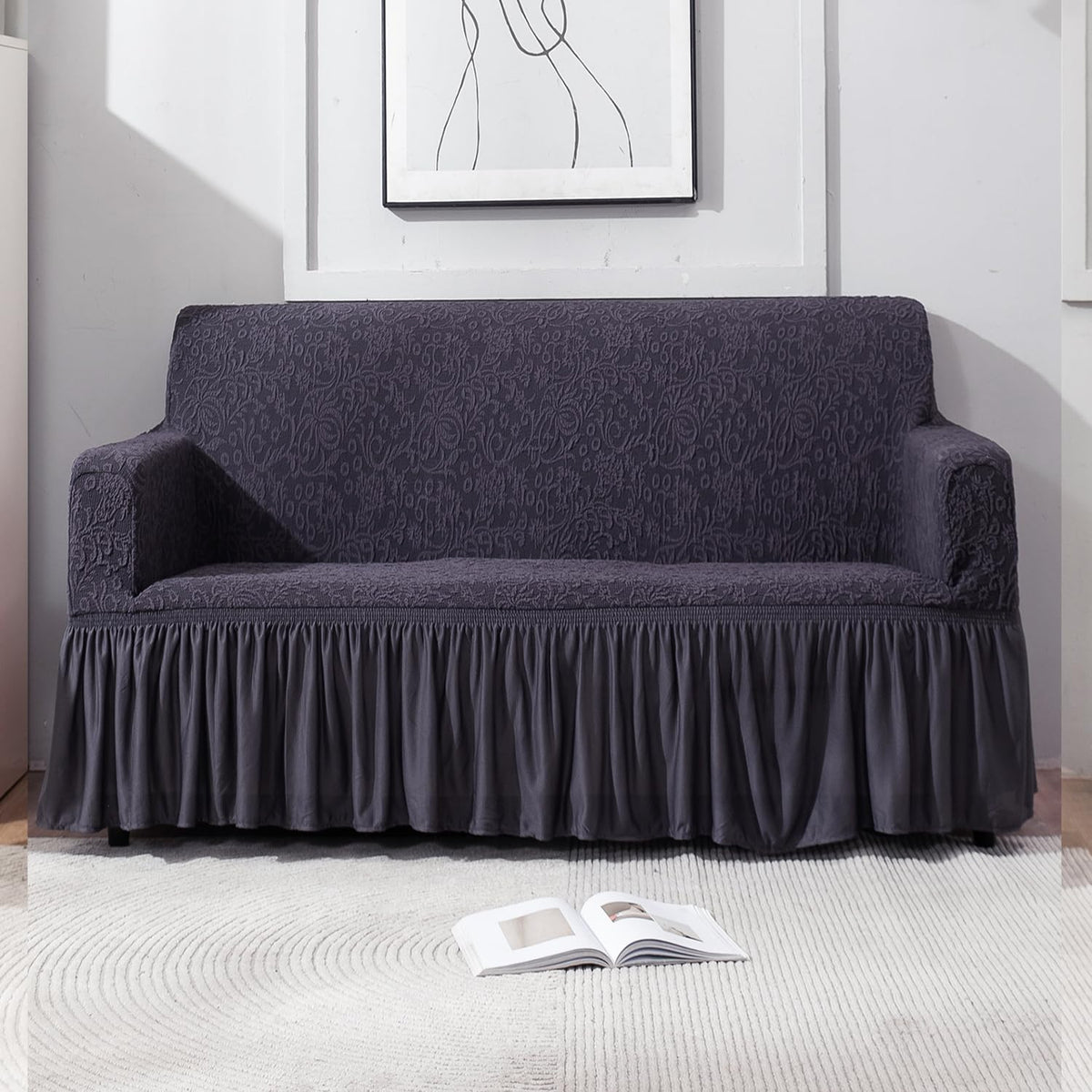 Elastic Stretchable Designer Woven Jacquard Sofa Cover with Frill, Abbey Grey