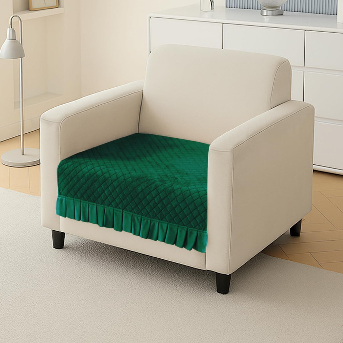 Holland Velvet Sofa Cover Seat Mat with Frill for 1/2/3 - Seater, Bottle Green