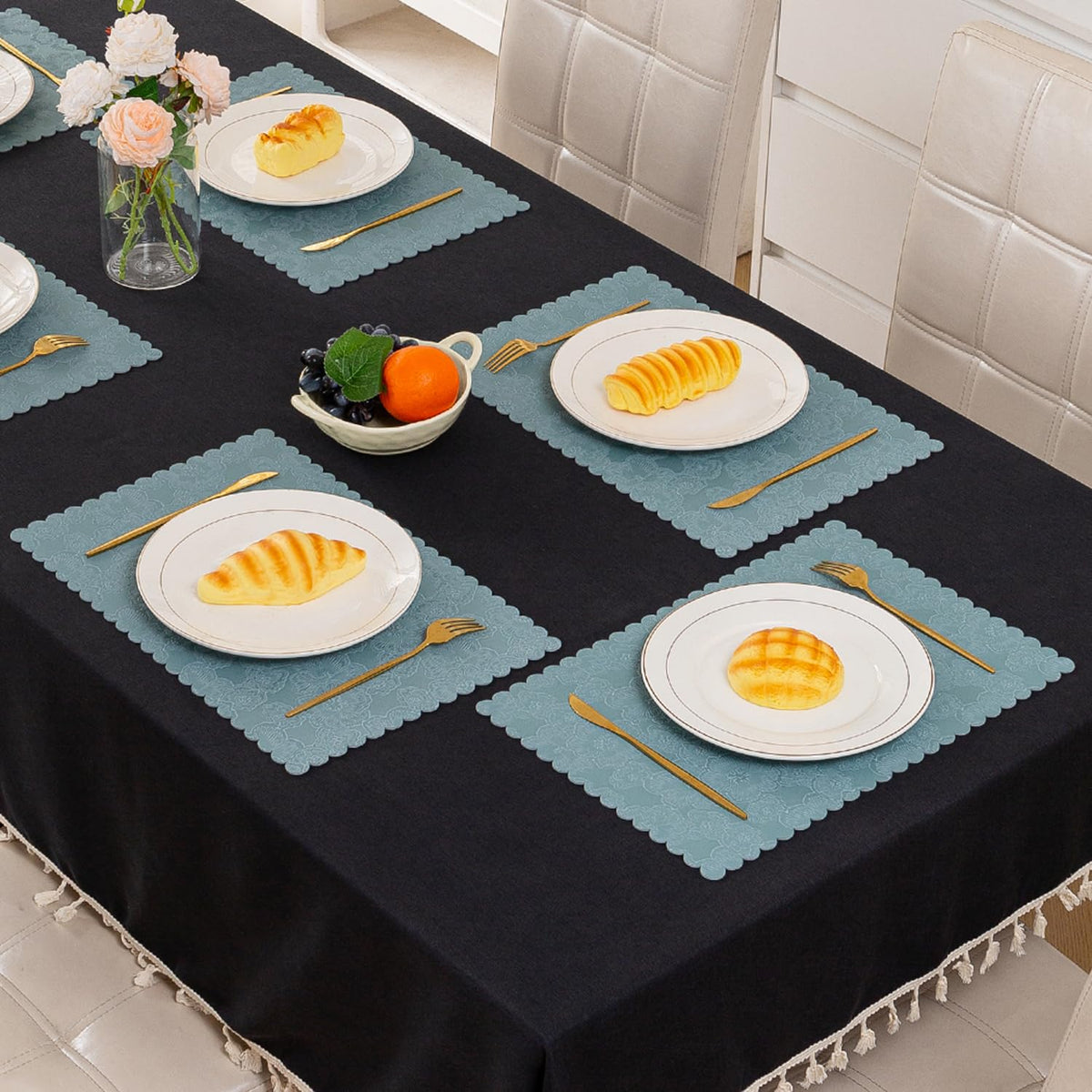 Florista Blush Royal Luxe Faux Leather Mats for Dining Table - Spirit Blue