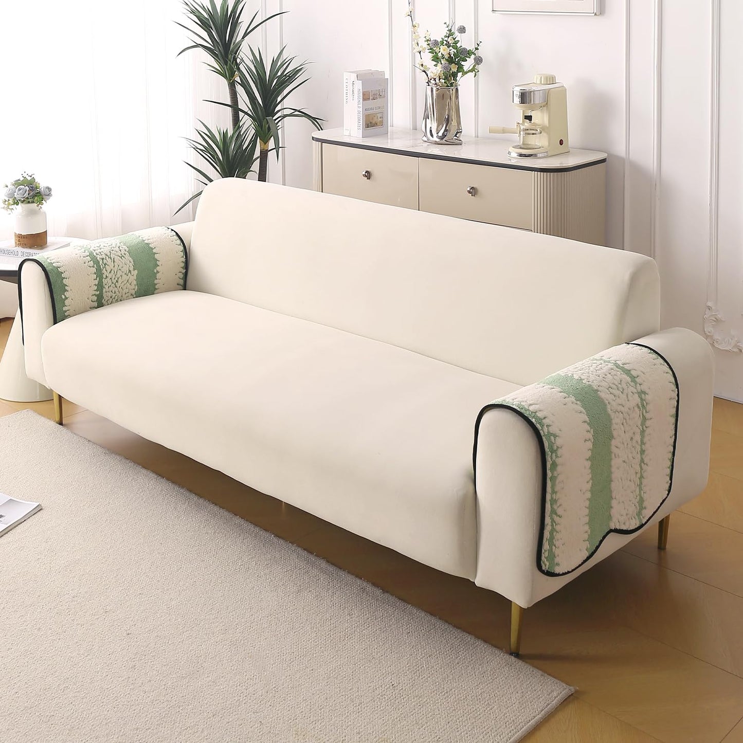 Luxury Wavy Anti Slip Plush Sofa Cover Mat, Pistachio Green