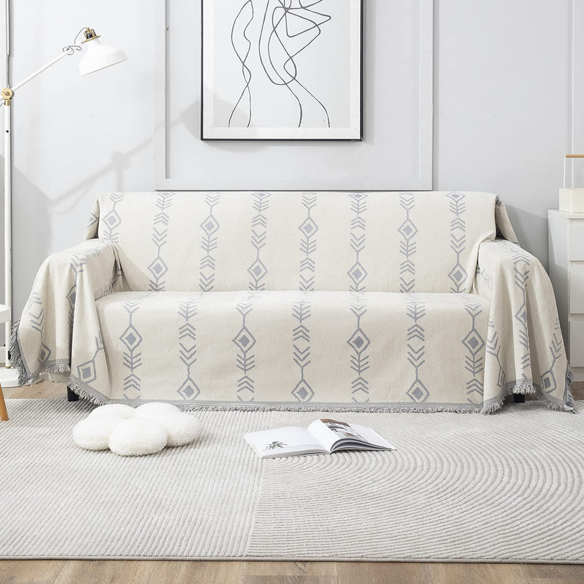 Thick, Soft and Pet Friendly Chenille Sofa Cover Throw, Off-White Aztec