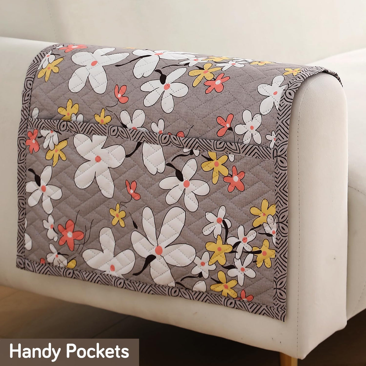 'Homehues' Printed Quilted Sofa Cover Mats, Pastel Brown Sandwort Flower
