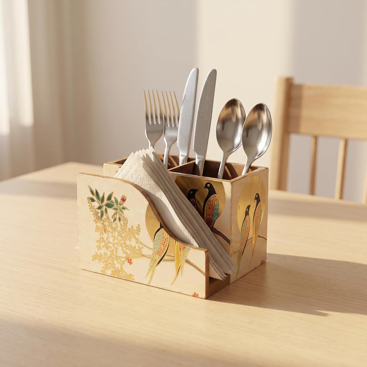 HOKIPO Cutlery Holder with Napkin Stand, Engineered Wood, Gulabi Mayurvan - image 13