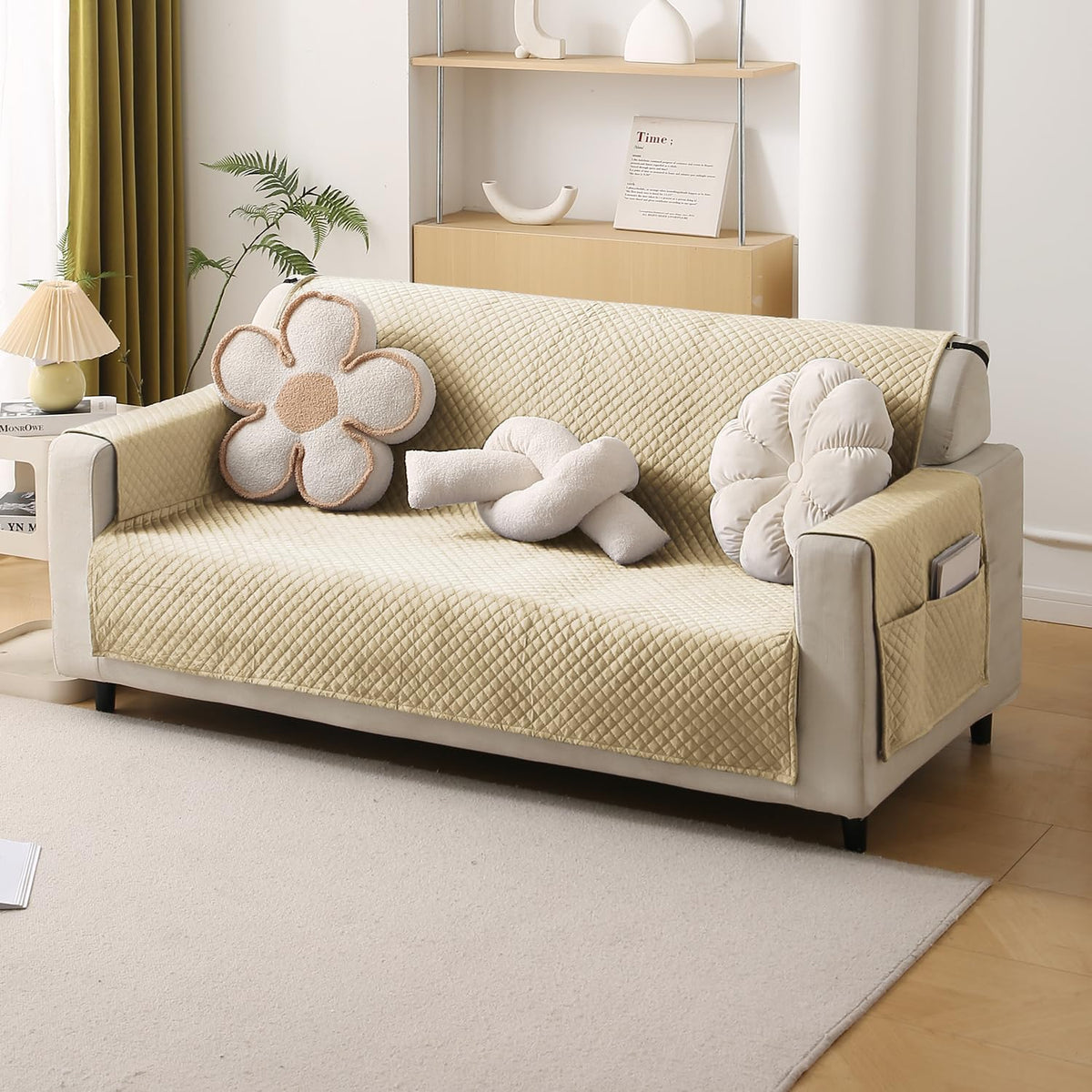 Quilted Velvet Sofa Cover Mat with Side Pockets, Pet Friendly, Natural Beige