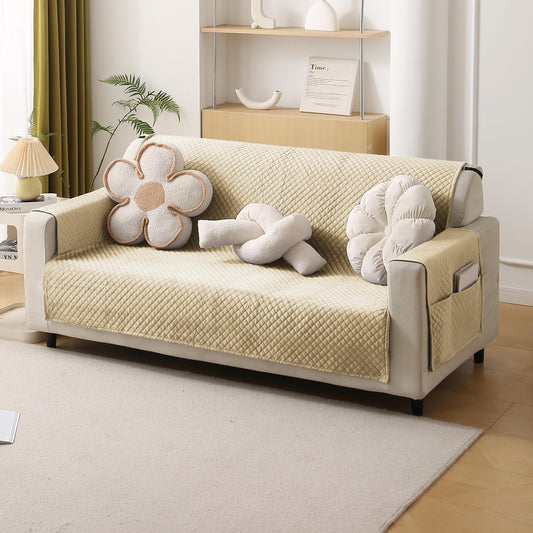 Quilted Velvet Sofa Cover Mat with Side Pockets, Pet Friendly, Natural Beige