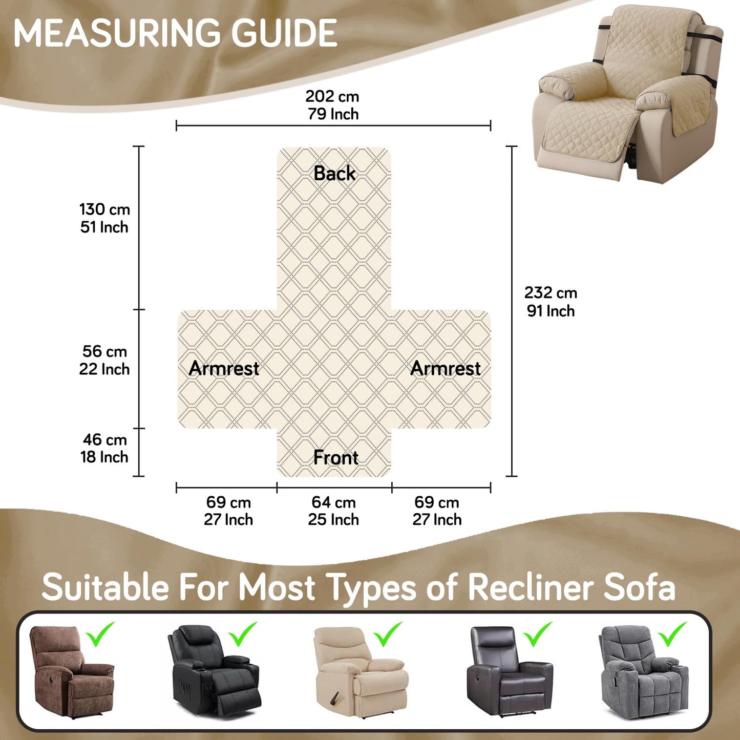 UrbanQuilt Recliner Sofa Slipcover Mat with Dual Belt for 1/2/3 Seater - Beige