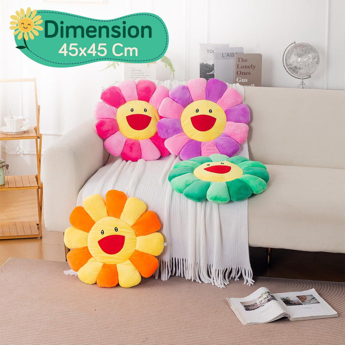HOKIPO Smiley Sunflower Cushion for Sofa & Bed, 45 cm, Green