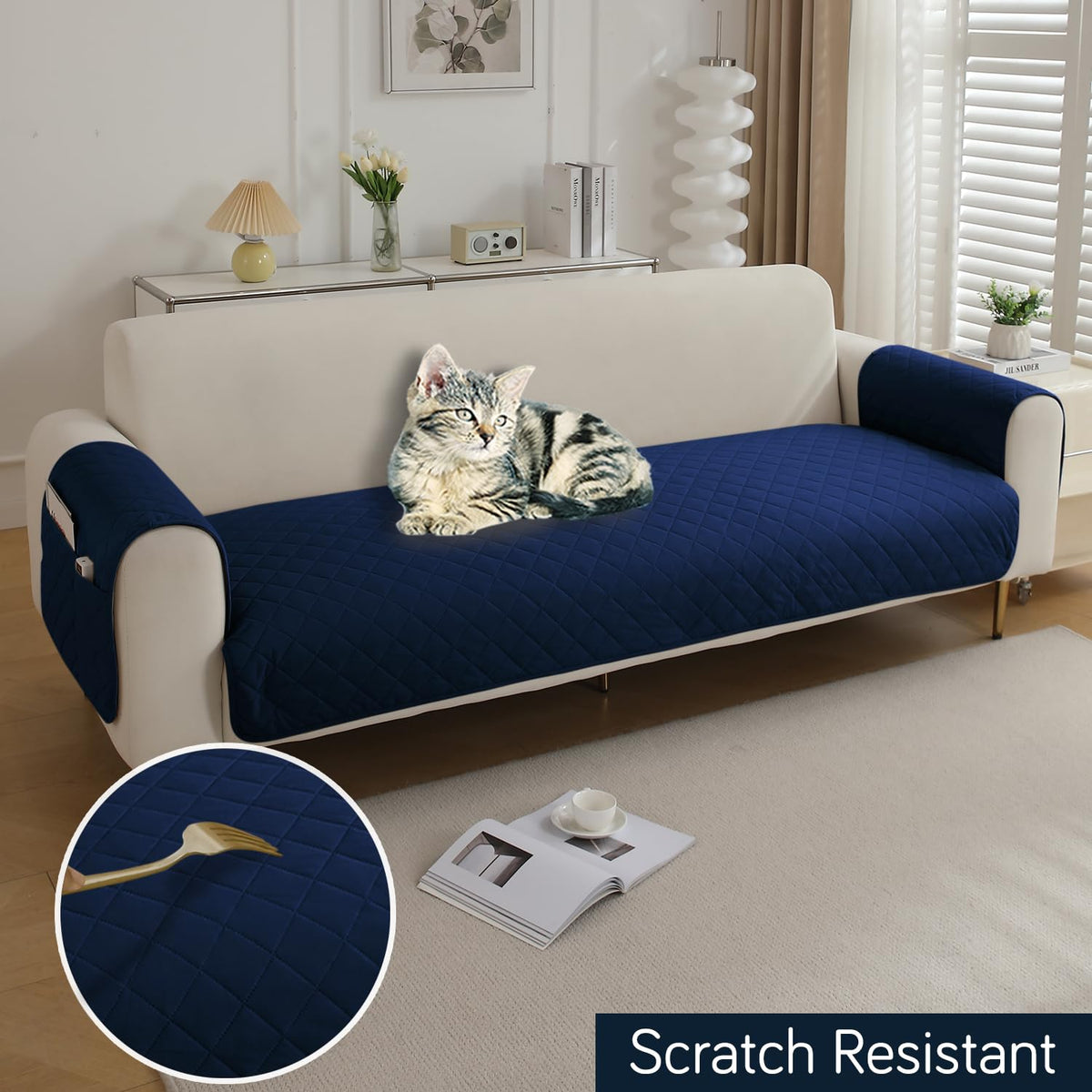 Quilted Waterproof Sofa Seat Mat for 1/2/3 Seater Sofa with 2 Armrest Covers with Pockets, Navy Blue