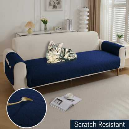 HOKIPO Quilted Waterproof Sofa Seat Mat for 1/2/3 Seater Sofa with 2 Armrest Covers with Pockets, Navy Blue