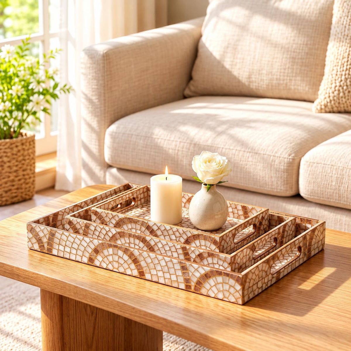 HOKIPO Serving Tray Set of 3, Engineered Wood, Meher Mosaic - image 8