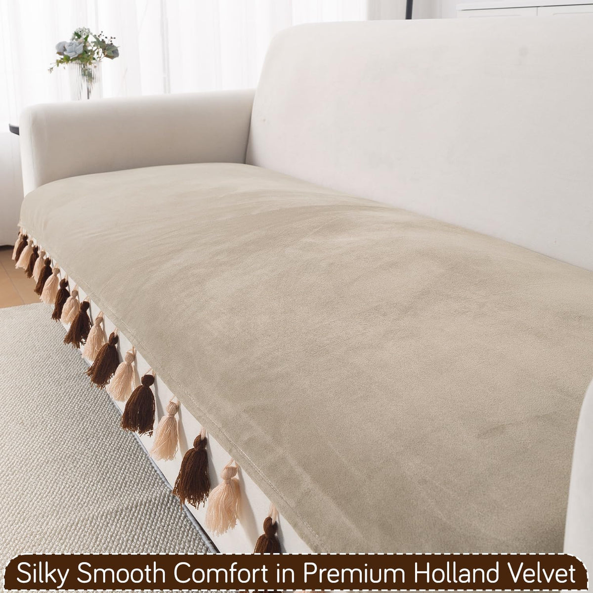 Premium Holland Velvet 5-Seater Sofa Cover (3+1+1), TasselTone Series | Sand Beige