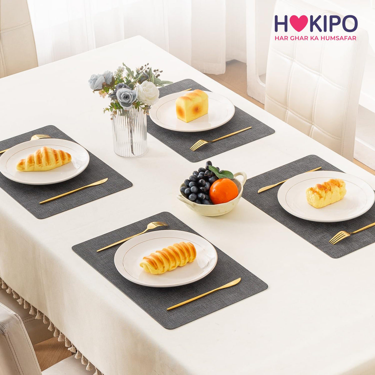 Modern Weaves Royal Luxe Faux Leather Mats for Dining Table - Charcoal Grey