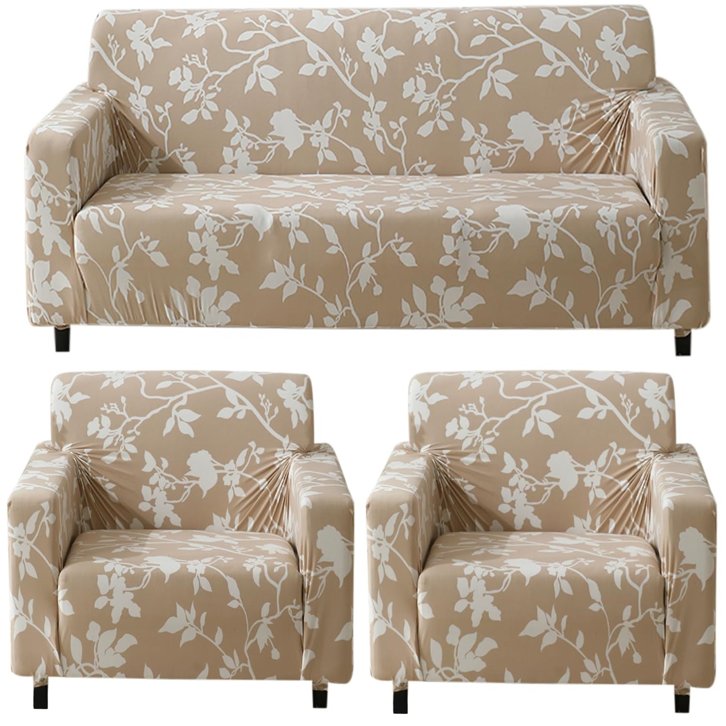 Elastic Stretchable Printed 140gsm Fully Covered Sofa Cover, Buff Brown Sillehoute Floral