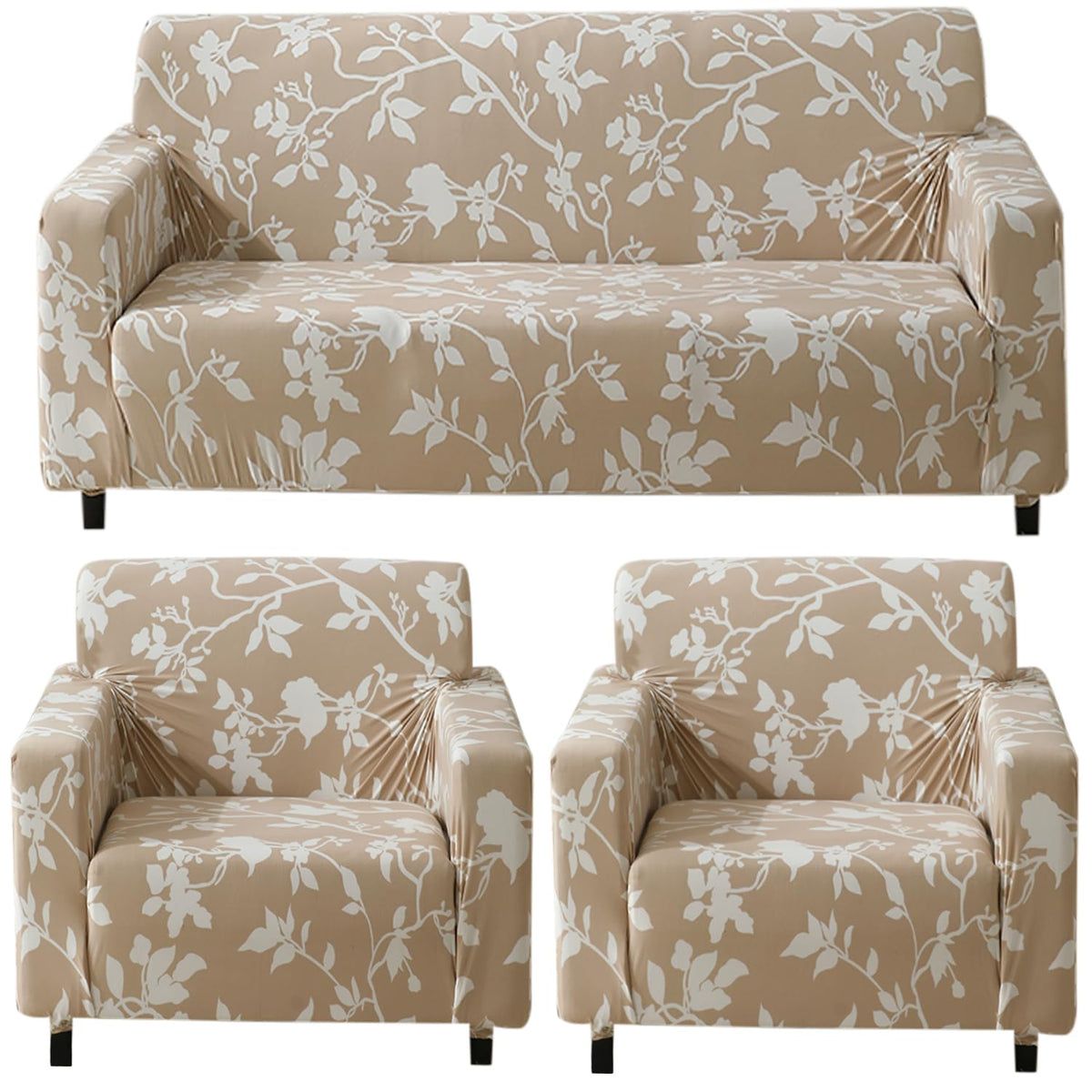 Elastic Stretchable Printed 140gsm Fully Covered Sofa Cover, Buff Brown Sillehoute Floral
