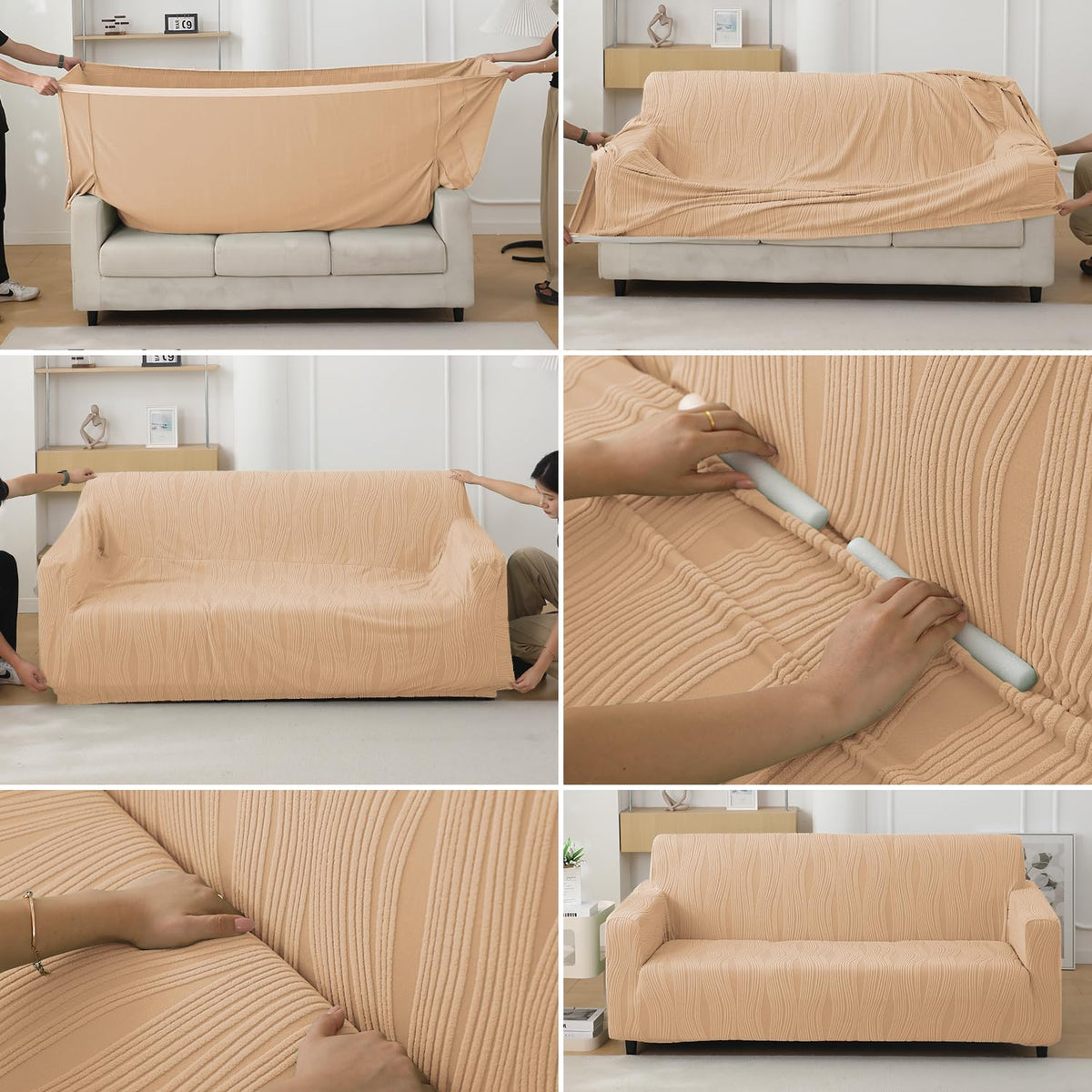 guide on how to put on blush beige colour nestiva series knitting jacquard elastic stretchable sofa cover