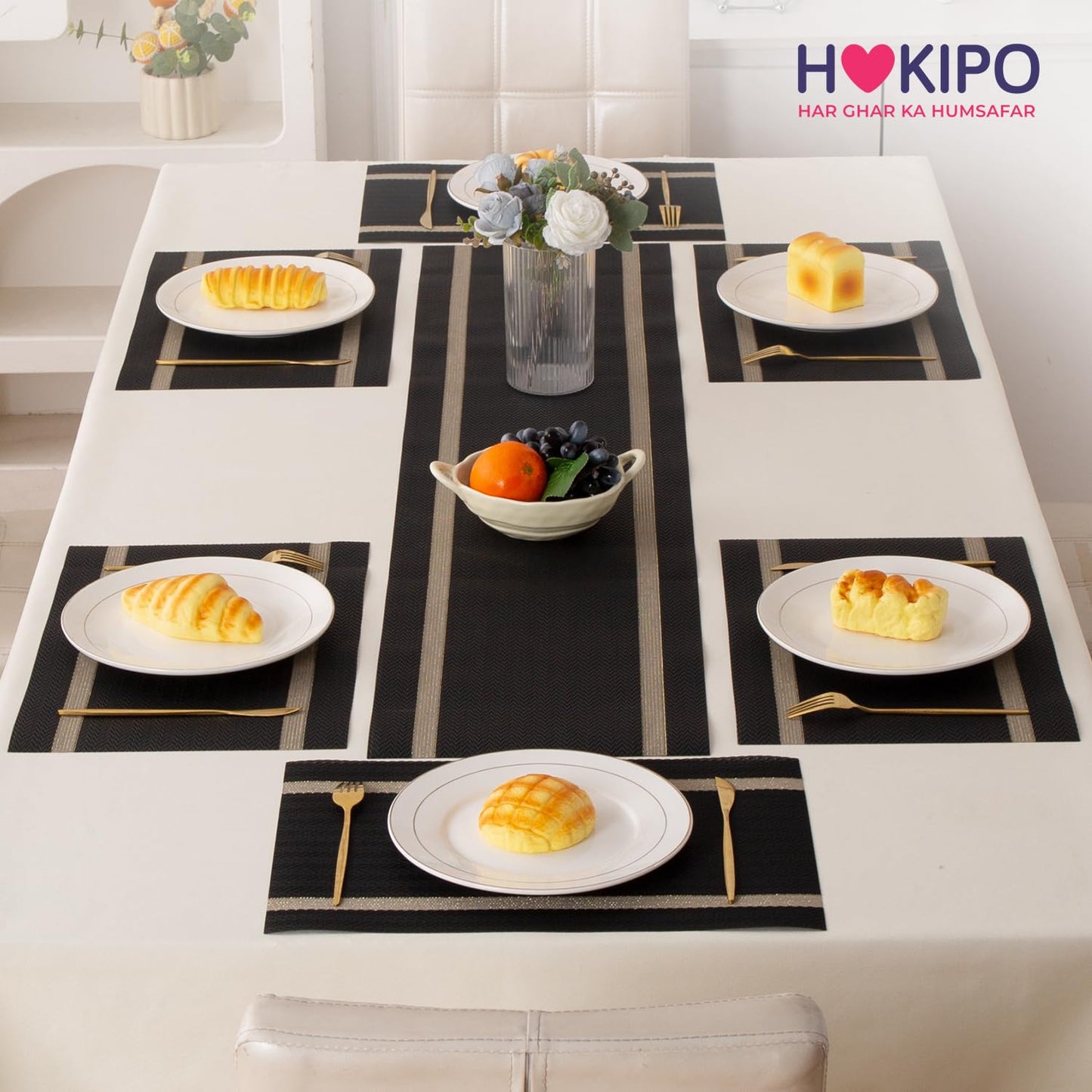 Chevron Stripes PVC Mats for Dining Table - Jet Black